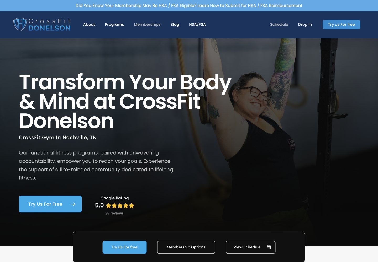 CrossFit Donelson website showing its programmes and free-trial enquiry route