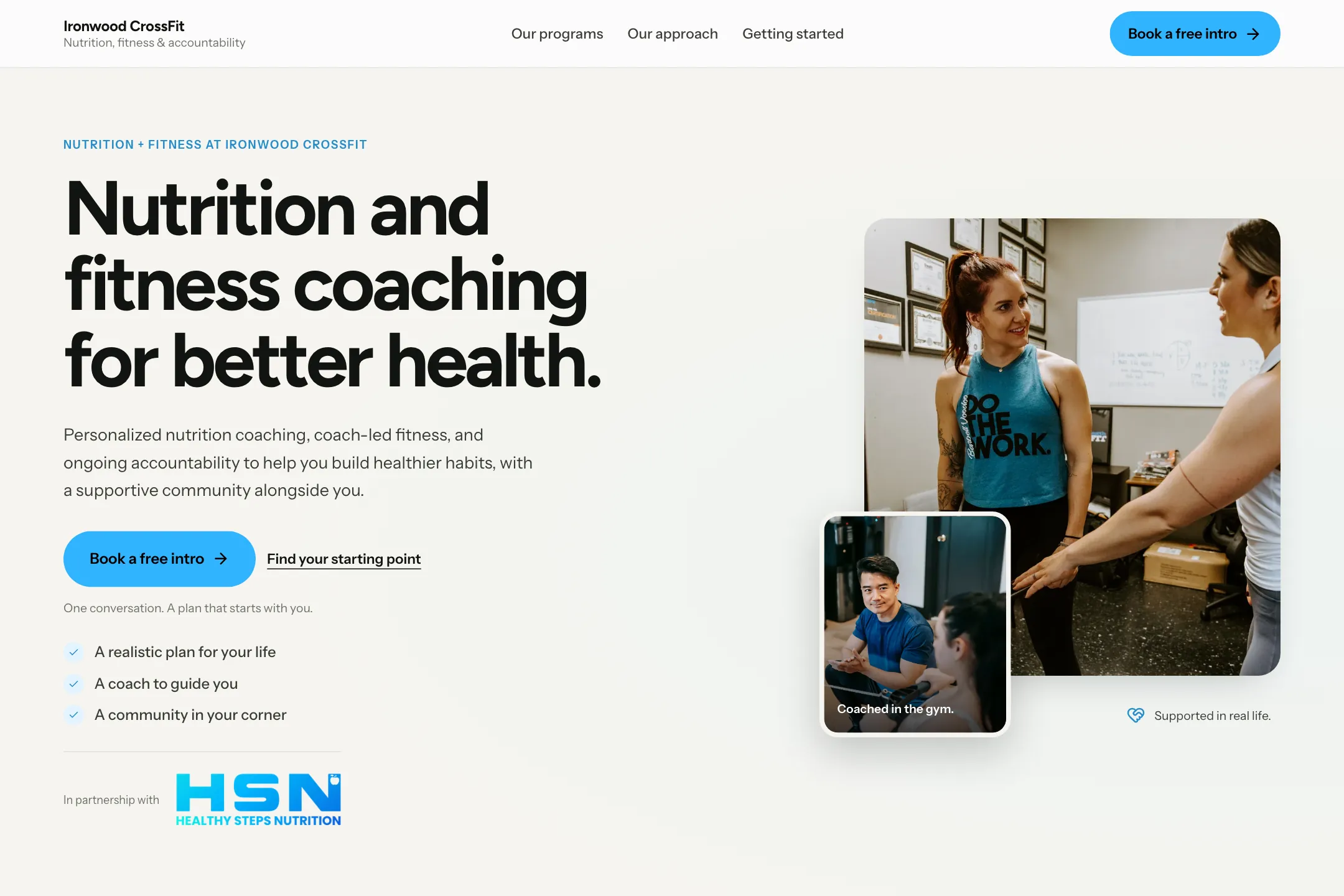 Nutrition and fitness page for a sample gym.