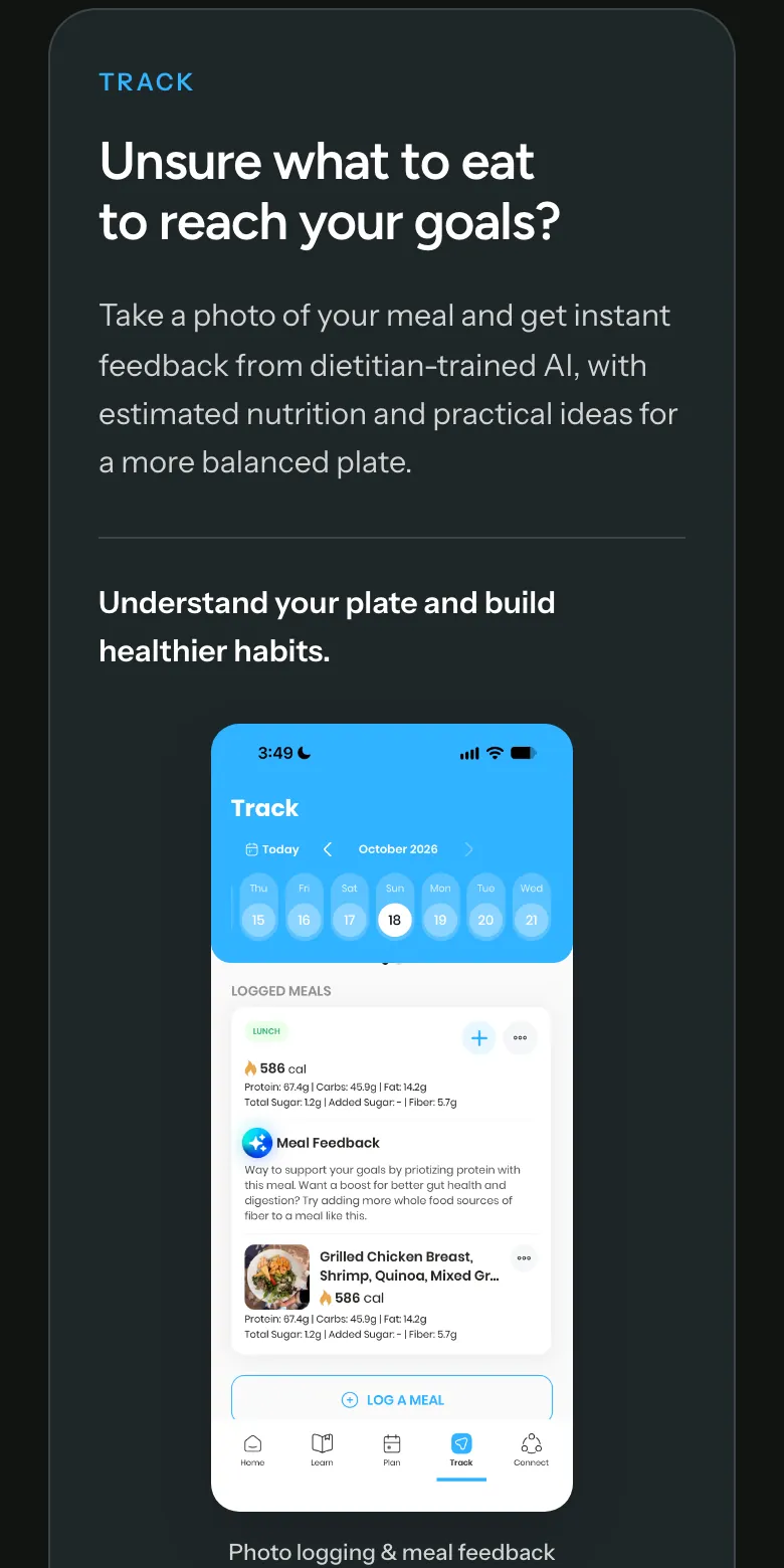 HSN app Track feature with meal photo feedback.