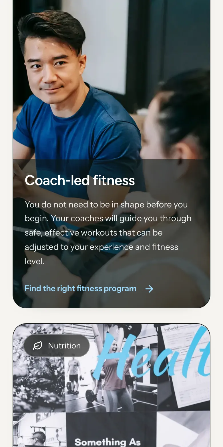 Programme cards for coach-led fitness and nutrition coaching.